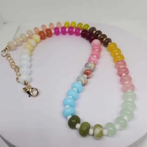 NEW!! Anthropologie Rainbow Multicolor Beaded Stones Gold Plated Necklace - Picture 7 of 7